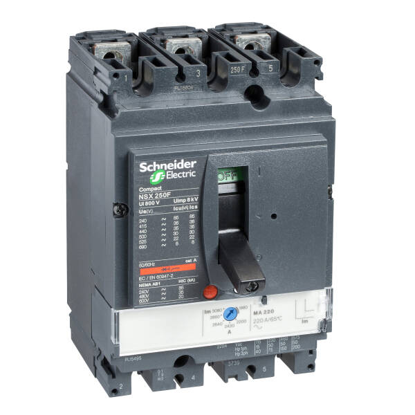 circuit breaker ComPact NSX250H, 70 kA at 415 VAC, MA trip unit 220 A, 3 poles 3d - 1