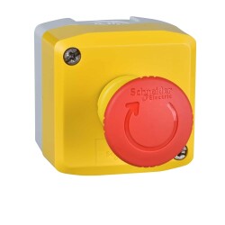 Control station, plastic, yellow lid, 1 red mushroom push button Ø40, turn to release, 1 NC - Schneider Electric