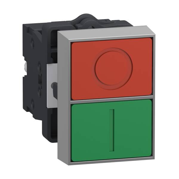 Double-headed push button, Easy Harmony XA2, plastic, 22mm, 1 green flush marked I + 1 red flush marked O, 1NO + 1NC - 1