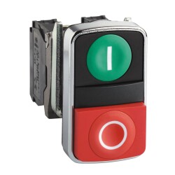 Double-headed push button, metal, Ø22, 1 green flush marked I + 1 red projecting marked O, 1 NO + 1 NC - Schneider Electric