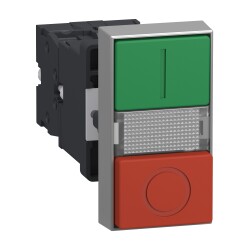 Illuminated double headed push button, Easy Harmony XA2, plastic, 22mm, 1 green flush I + 1 light + 1 red flush O, 220…230V AC, 1NO + 1NC - Schneider Electric
