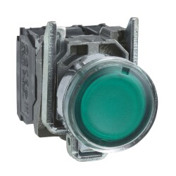 Illuminated push button, metal, flush, green, Ø22, spring return, 230...240 V AC, 1 NO + 1 NC - Schneider Electric