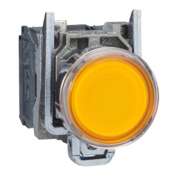 Illuminated push button, metal, flush, orange, Ø22, spring return, 230...240 V AC, 1 NO + 1 NC - Schneider Electric