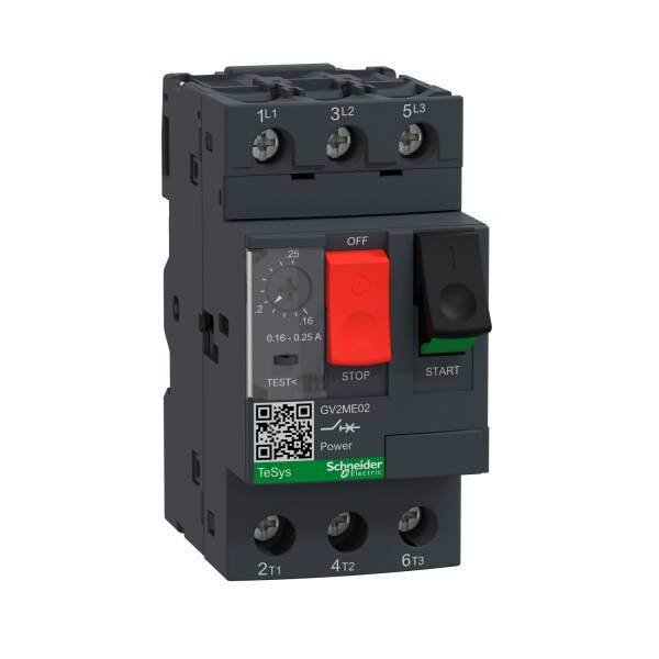 Motor circuit breaker, TeSys GV2, 3P, 0.16-0.25 A, thermal magnetic, screw clamp terminals - 1