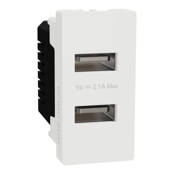 USB Type A, Miluz E, 2 Port, 2.1A, 1 Module, White - 1